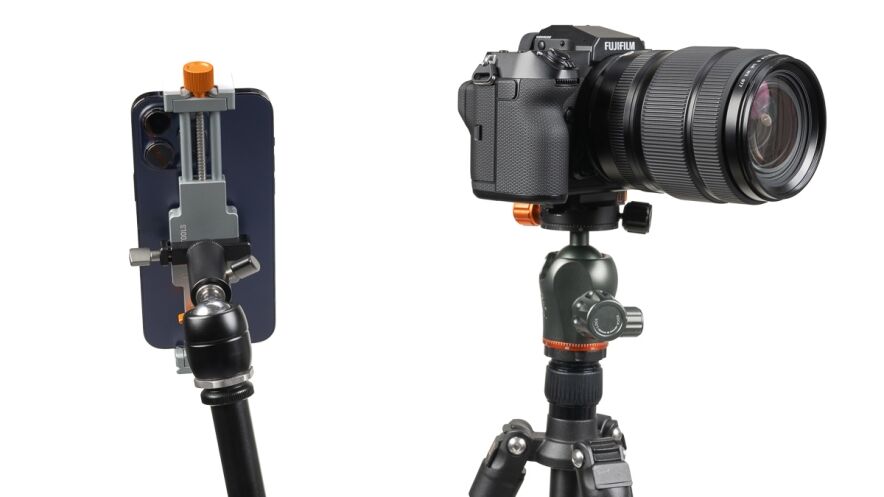 Two photography rigs: left a smartphone mounted in a vertical slider clamp, right a Fujifilm camera with a large lens on a tripod.