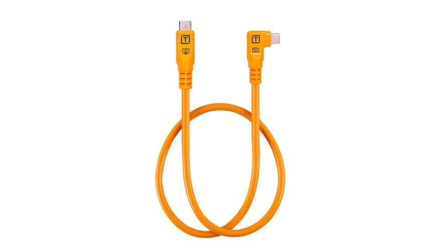 Orange USB-C to USB-C charging/data cable with a right-angle connector on one end, looped in a figure-eight on a white background.