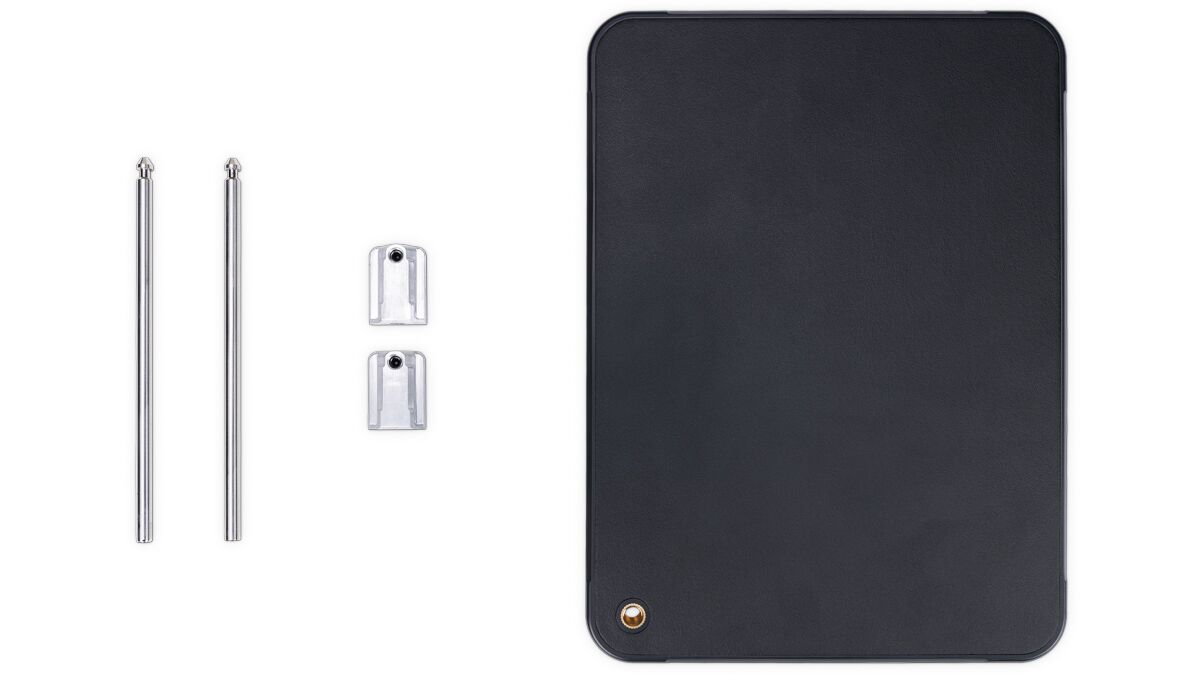 Hardware kit with two chrome rods, two small silver brackets, and a large black rectangular panel on a white background.