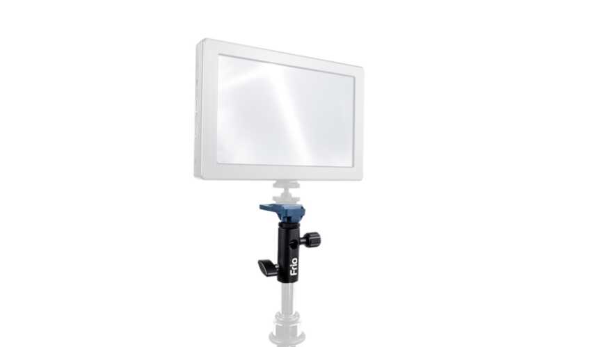 Portable monitor mounted on an adjustable stand with a blue clamp and knob, ready for filming or desktop use.