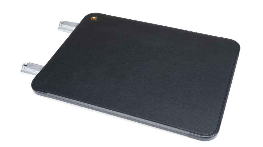 Black rectangular external hard drive enclosure with two metal connectors on the left side.