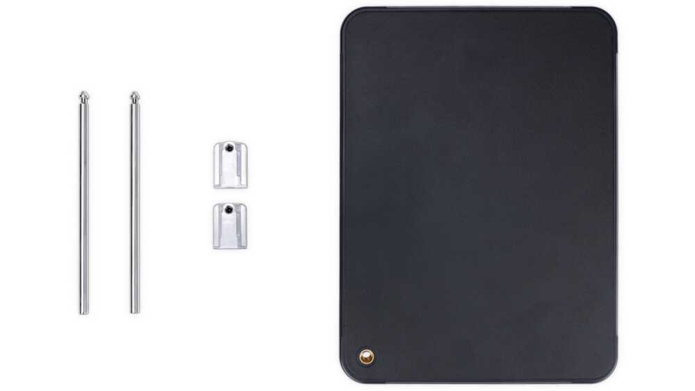 Hardware kit with two chrome rods, two small silver brackets, and a large black rectangular panel on a white background.