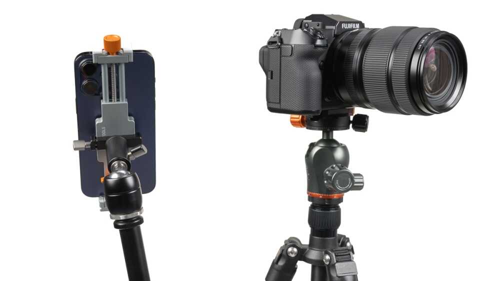 Two photography rigs: left a smartphone mounted in a vertical slider clamp, right a Fujifilm camera with a large lens on a tripod.
