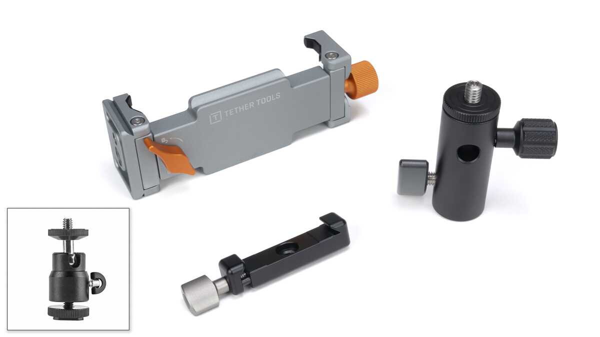 Modular camera accessory kit including a gray Tether Tools clamp with orange levers, a black mounting arm, and a small adjustable joint piece
