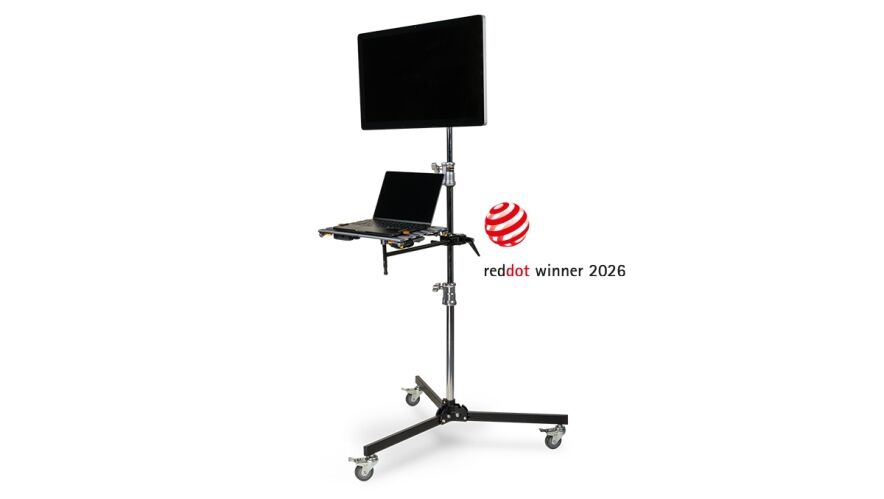 Mobile laptop workstation with a mounted monitor and reddot winner 2026 badge