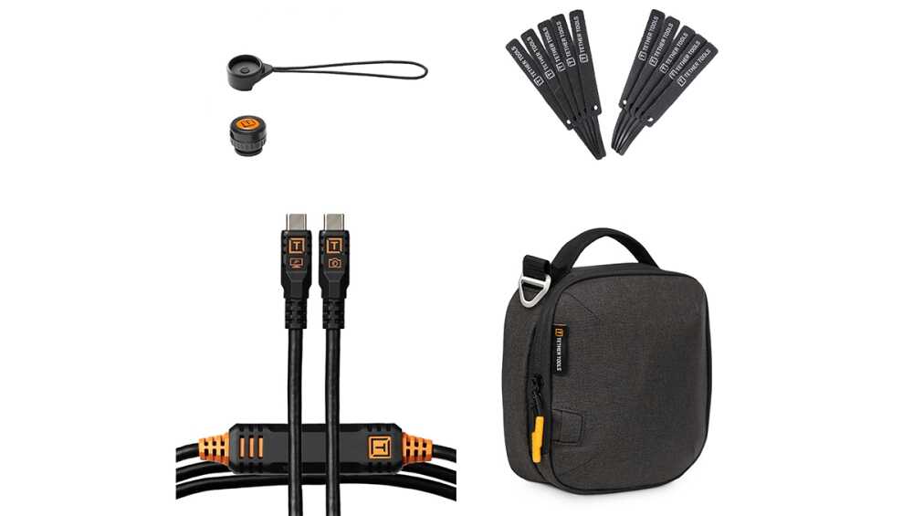 Assorted photo‑gear accessories: zip ties, USB‑C cables, a lens cap tether, and a compact carrying case.