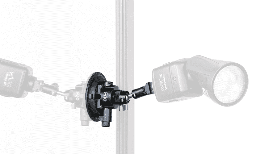 Two studio strobes mounted on a central clamp around a vertical stand, facing outward symmetrically.