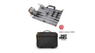 Modular camera rig on a wheeled cart above a black camera bag; Red Dot 2026 and HOT ONES award logos nearby.