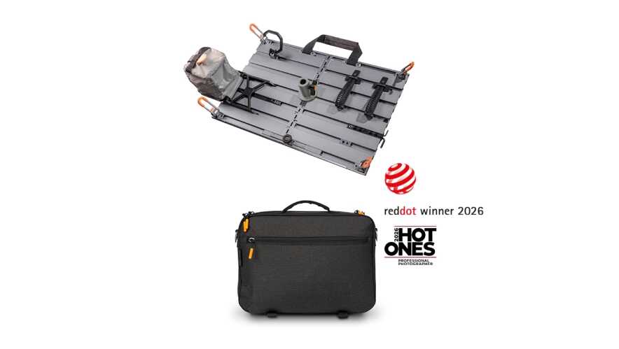 Modular camera rig on a wheeled cart above a black camera bag; Red Dot 2026 and HOT ONES award logos nearby.
