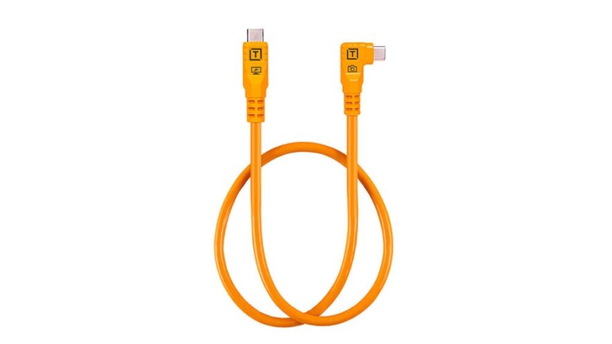 Orange USB-C to USB-C charging/data cable with a right-angle connector on one end, looped in a figure-eight on a white background.