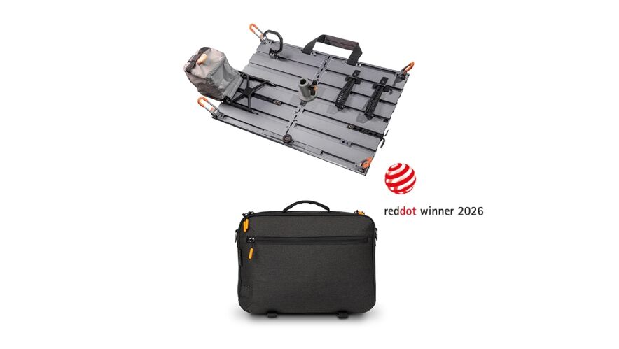 Modular gray tool case with orange accents, floating above a dark carrying bag, beside a Red Dot Award 2026 mark and text stating 'reddot winner 2026'.