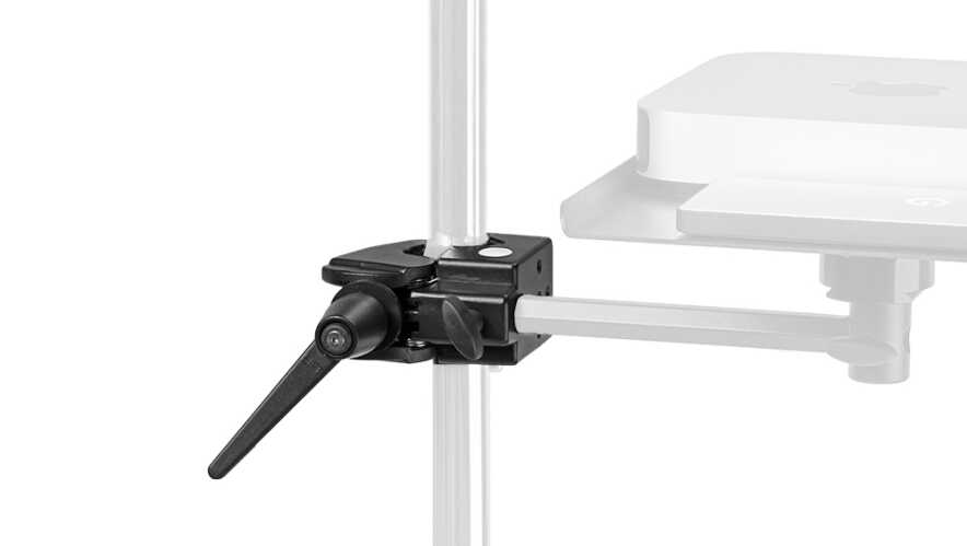 Close-up of a black adjustable clamp securing a horizontal arm to a vertical metal pole on a stand, part of a mounting rig.