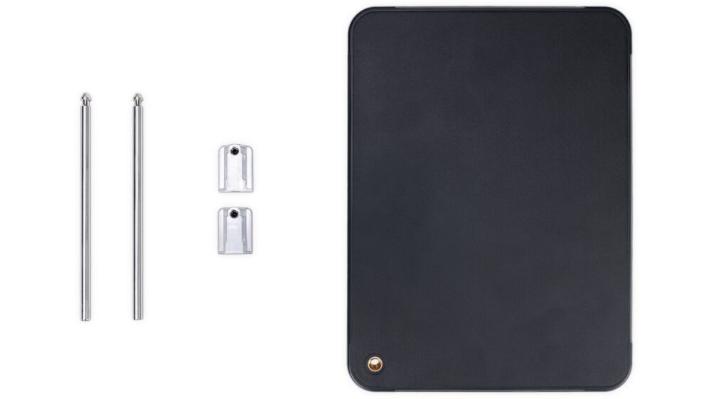 Hardware kit with two chrome rods, two small silver brackets, and a large black rectangular panel on a white background.